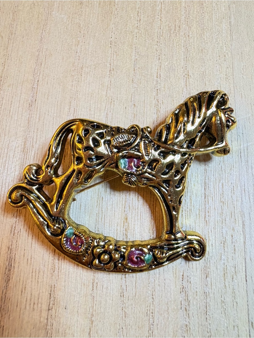 Gold-tone Rocking Horse Brooch with Pastel Enamel Accents